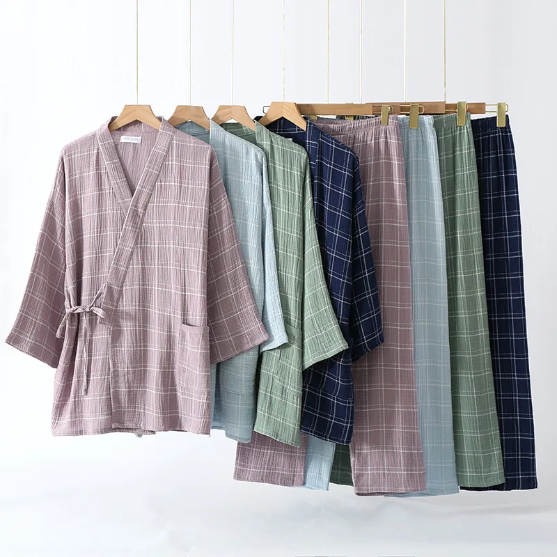 2024 Japanese Kimono Set 100%Cotton Pajamas Two-piece Women Yukata Plaid Robes Women Men Sweat Steaming Suit Home Service Set