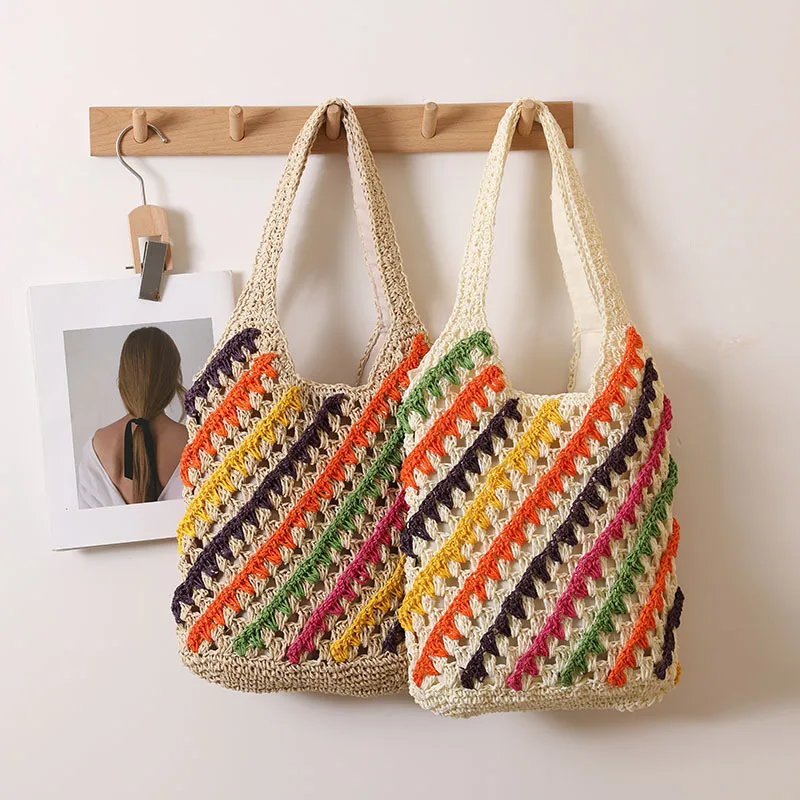 Woven Colorful Striped Underarm Shoulder Bag Casual Handbag For Outdoor Picnic Camping Beach Vacation Larger Capacity Tote Bags