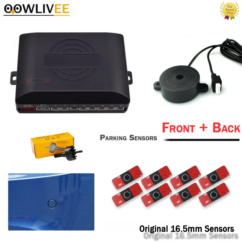 OOWLIVEE Front with Back Parking Sensor 8 Car Sensors Original 16.5mm Flat Parktronics For Cars Alarm System Parking Assistance