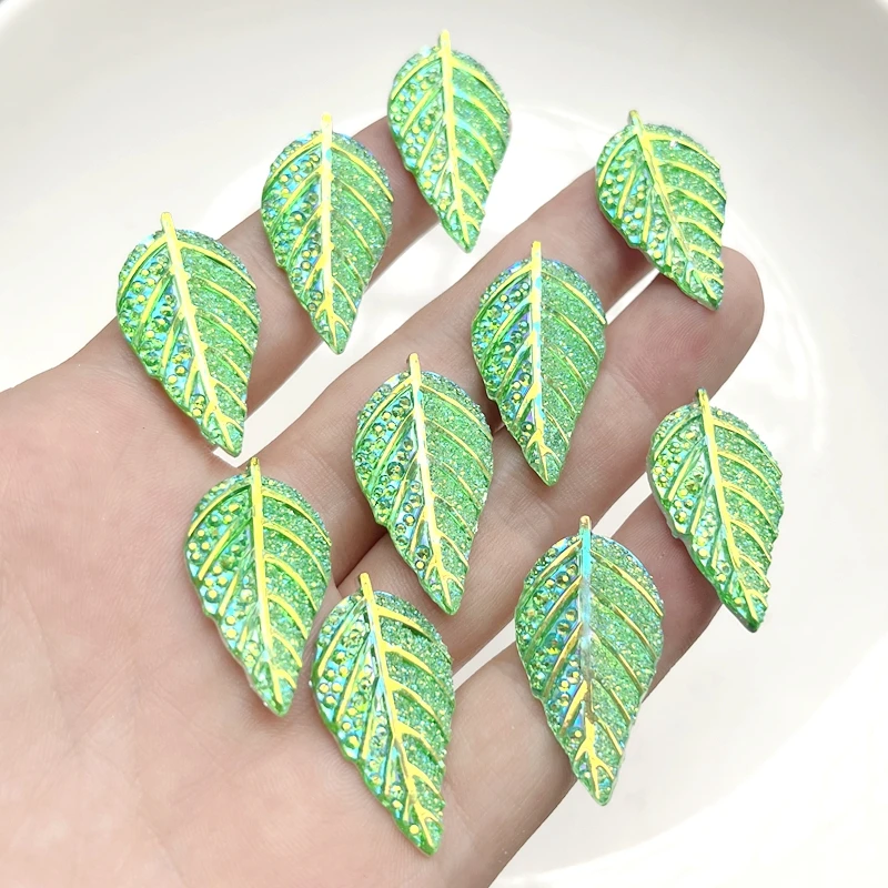 10pcs 33 * 17mm sparkling leaf shaped green AB resin Rhinestone flat back scrapbook DIY jewelry hair clip decoration accessories