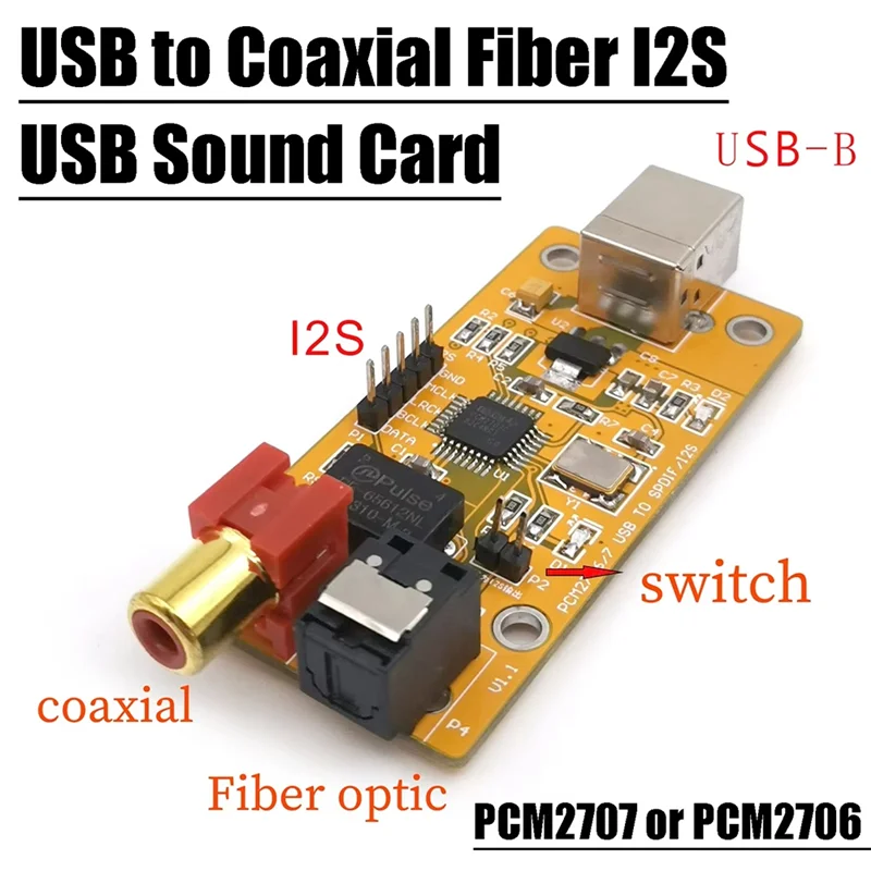 

-FDDT USB Sound Card For Audio Power Amplifier USB To Coaxial Fiber I2S PCM2706 Decoder Chip Board Computer Phone