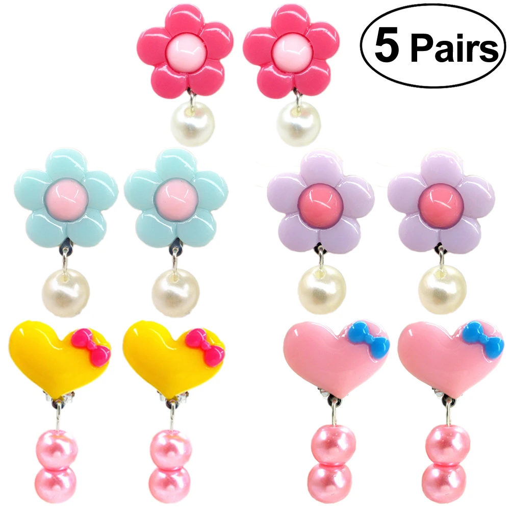 

5 Pairs Children Ear Clips Non Pierced Earrings for Little Girls Flower Heart Design Durable Bright Color Matching Outfits Dress