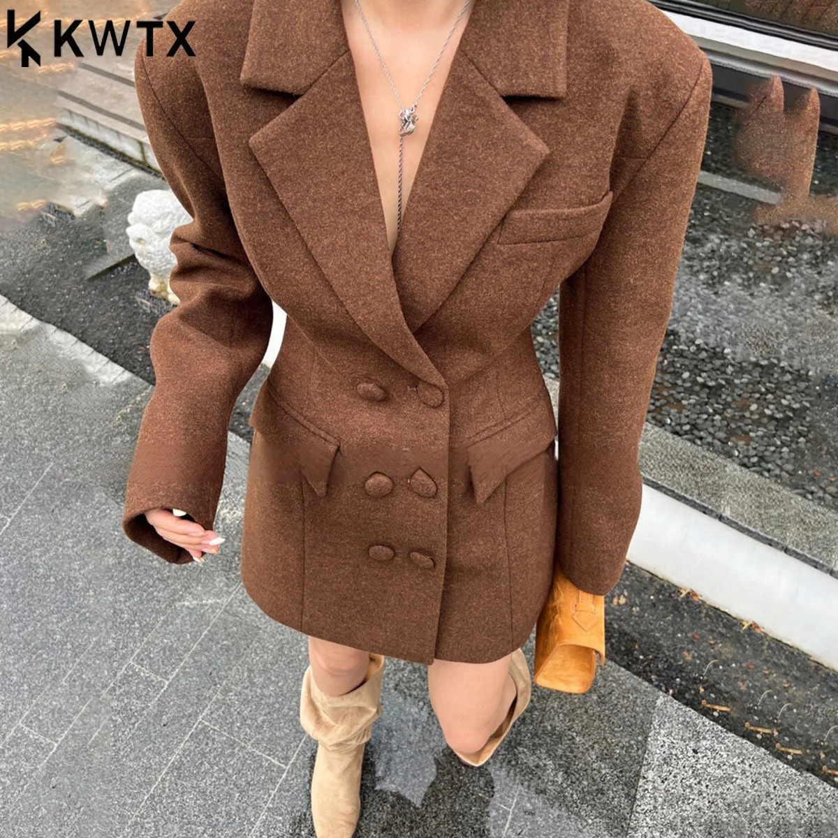 

KWTX 2025 New Autumn Winter Women’s Solid Color Wool Blazer Jacket Double-Breasted Lapel Fitted Midi Casual Vintage Chic Cozy