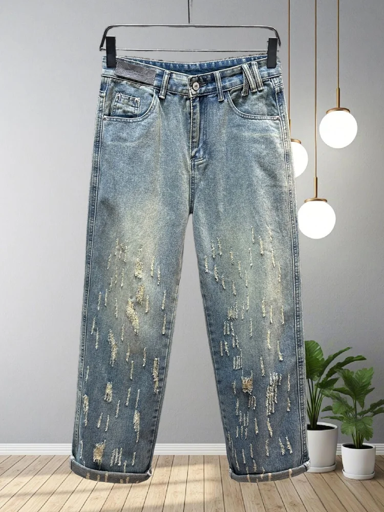 

Новые осенние свободные джинсы с широкими штанинами для мужчин, повседневные длинные брюки с эффектом окрашивания и брызг краски, дизайнерские джинсы с дырками в стиле High Street, джинсовые брюки с эффектом потертости