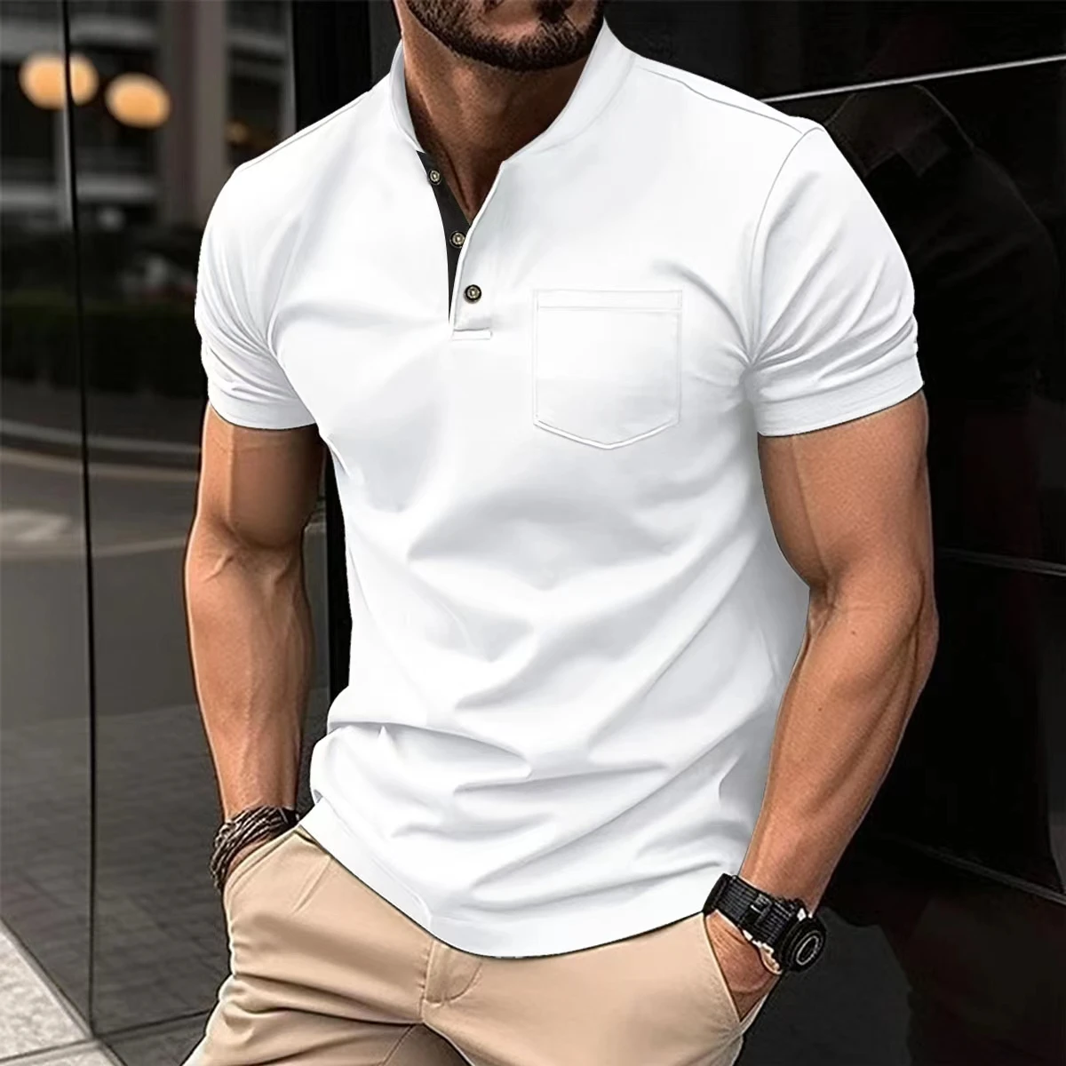 Men\'s summer breathable thin casual T-shirt top decorated pocket short-sleeved polo shirt