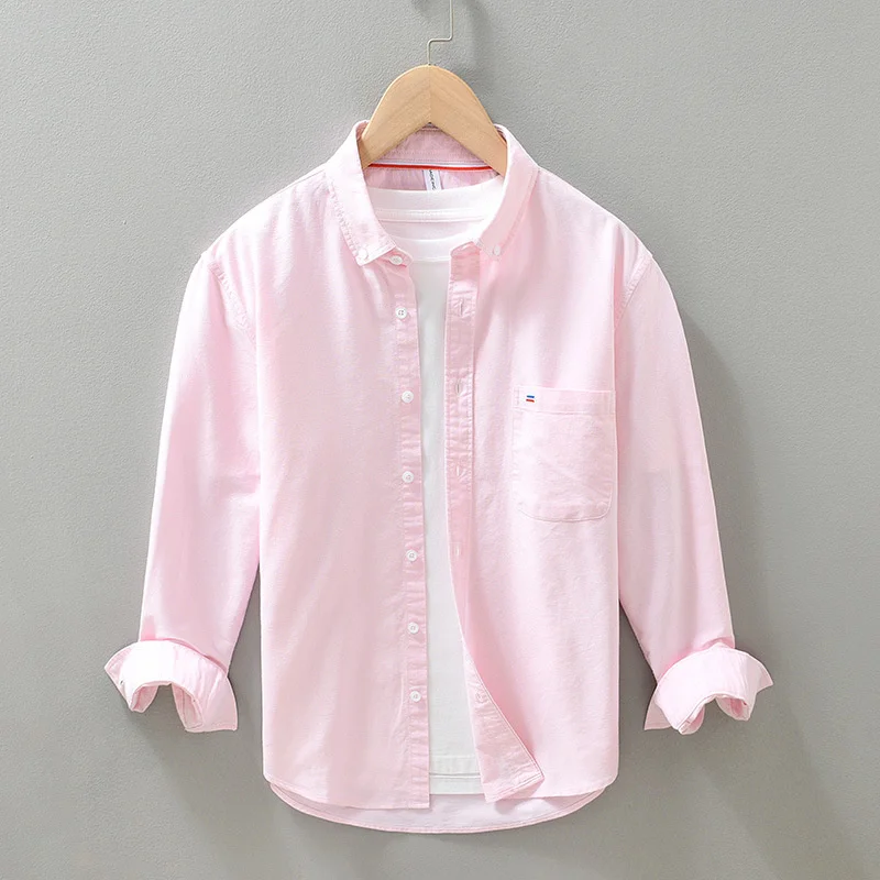 2023 New Spring Men's Long Sleeve Oxford Casual Shirt Front Patch Chest Pocket Regular-fit Button-down Collar Thick Work Shirts