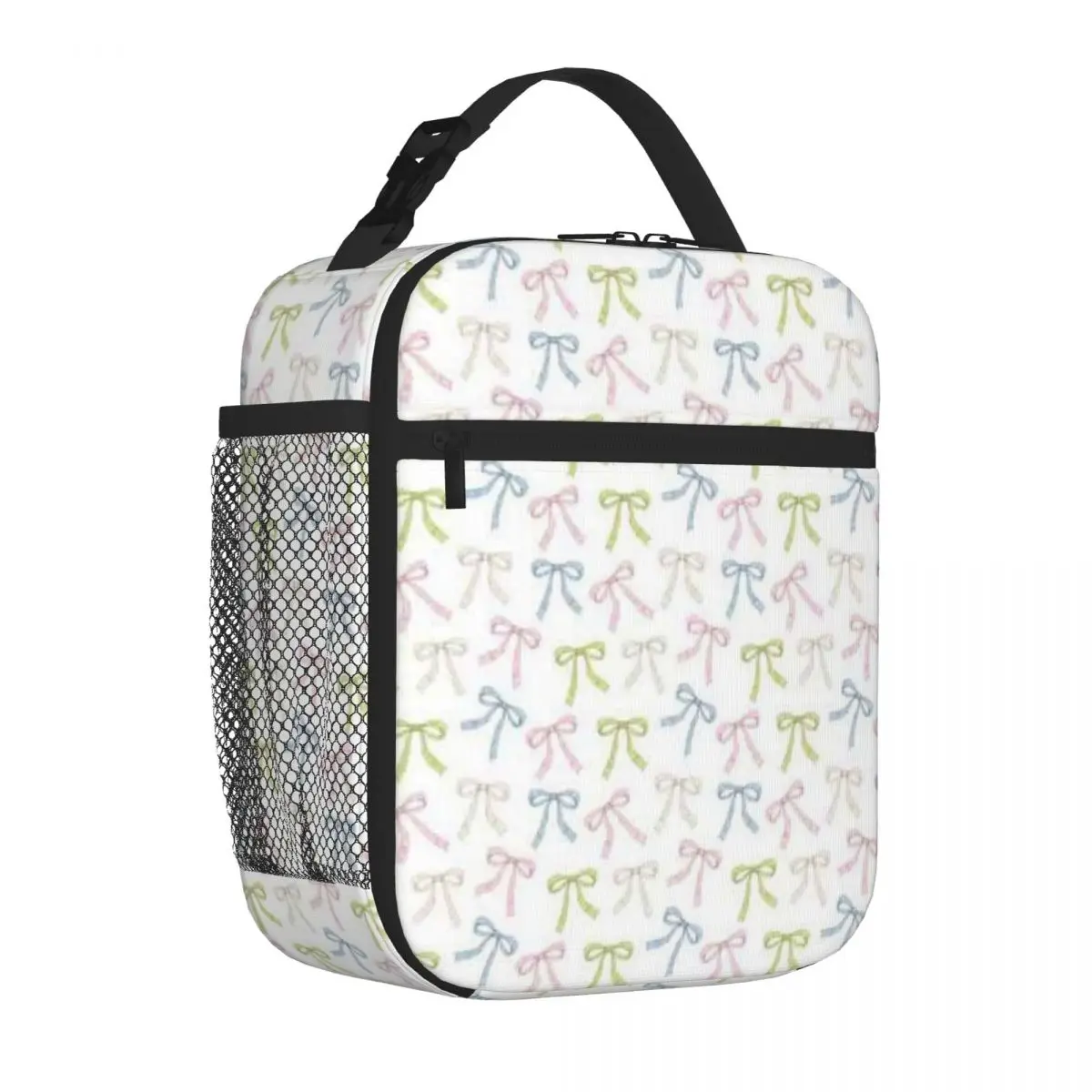 Bestselling Pastel Ribbon Bow Watercolor Pattern Zipper Closure Lunch Carrier Kindergarten Snack Thermal Lunch Bag