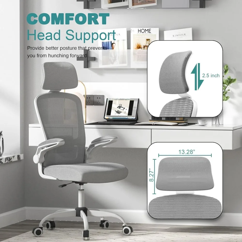 Office Chair, High Back Ergonomic Desk Chair with Adjustable Lumbar Support and Headrest, Swivel Task Chair with flip-up