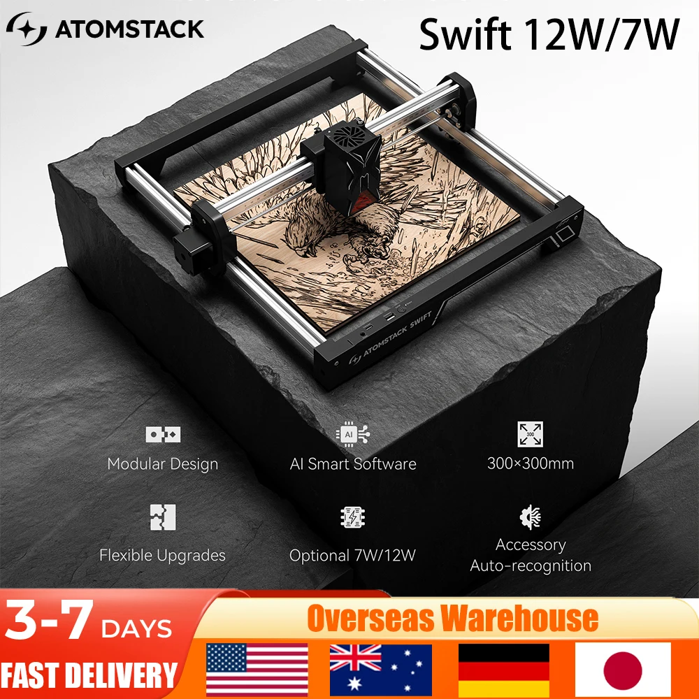 ATOMSTACK SWIFT 12W 7W レーザー彫刻機 クロスヘアポジショニング 木工ツール DIY ドッグタグ アクリル 金属 300*300mm