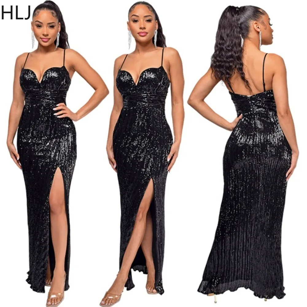 

HLJ Fashion Sequin Deep V Backless Bodycon Evening Party Suspenders Dress Women Thin Strap Slim High Slit Vestidos Sexy Clothing