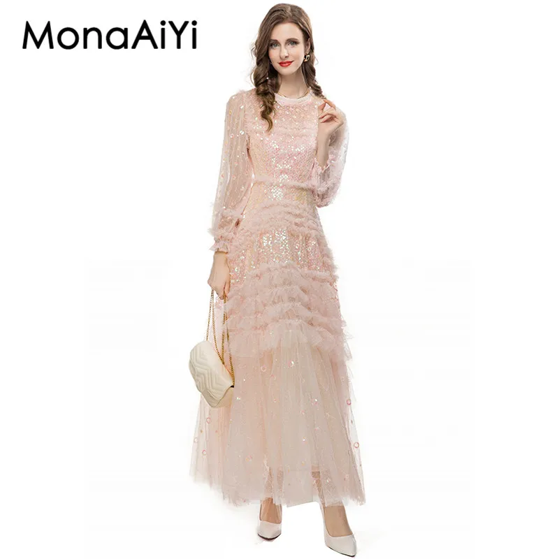 MonaAiYi Autumn Sweet Elegant Sequined fungus Trim Slim Round-Neck Long-Sleeve High Waisted Pink Princess Style Dress