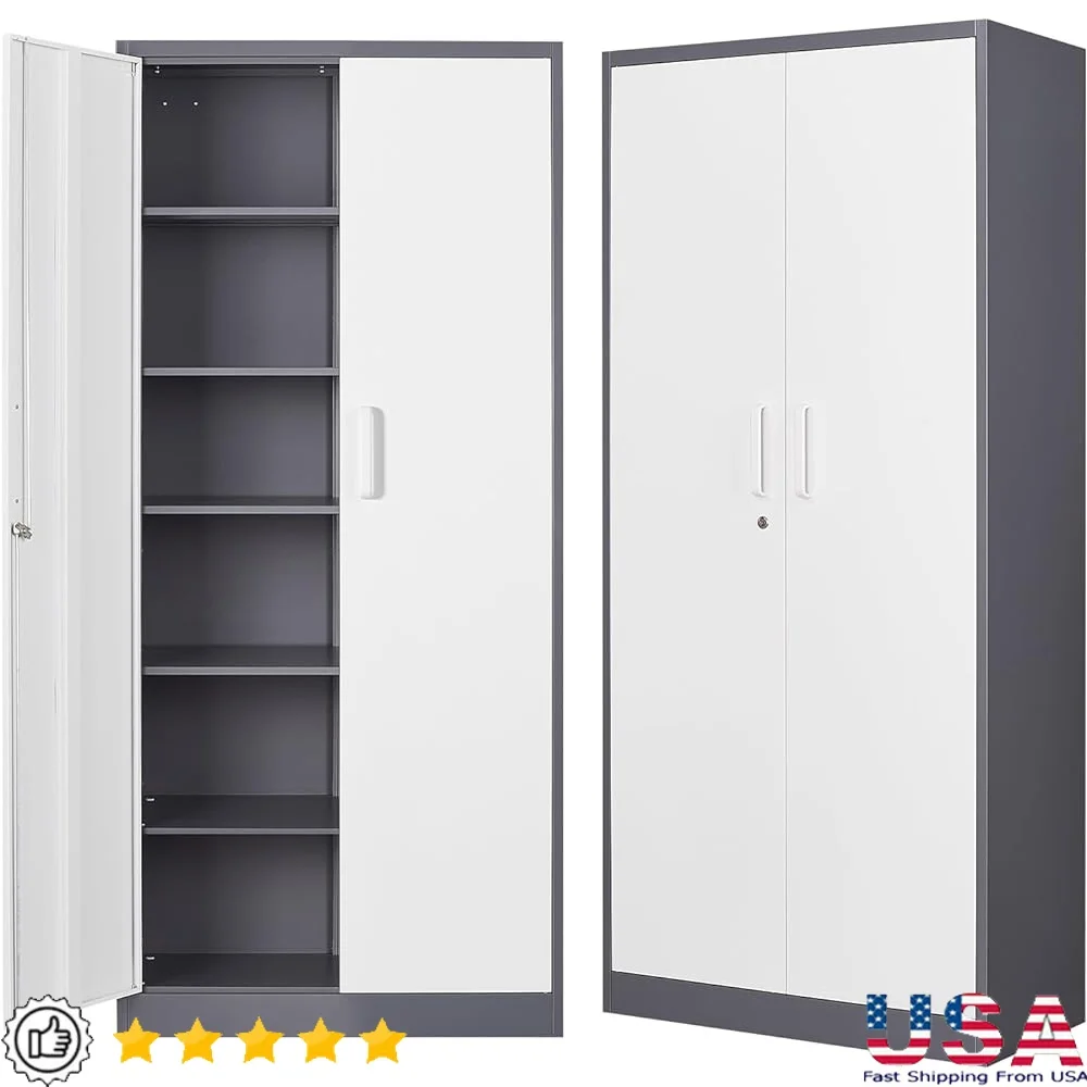 

Metal Storage Cabinet with Lockable Doors Adjustable Shelves Durable Tool Storage Garage Workshop Office Pantry Warehouse
