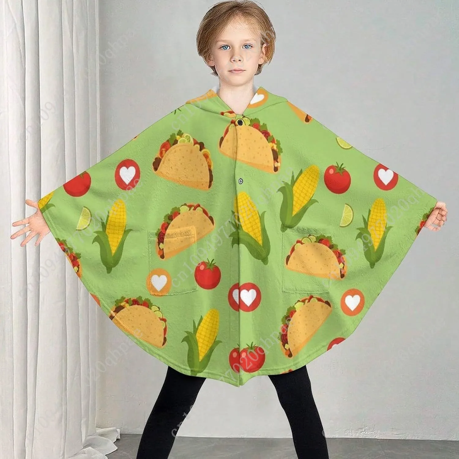 Comodo maglione coperta in flanella, felpa con cappuccio oversize con cuori modello taco con tasche per bambini e adolescenti