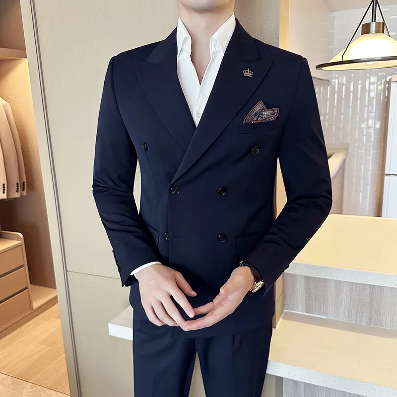 

(S-5XL) Seven-color Gun Lapel High-end (suit + Vest +trousers) Double-breasted Wedding Banquet All-matching Suit Three-piece Set