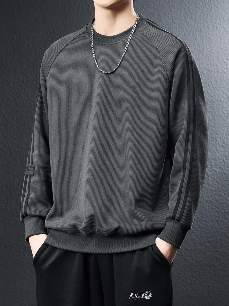 

High-End Men's round Ne Sweatirt Spring Autumn New Sle Heavyweight Loose Overhead Long Sve Pure Color Base irt