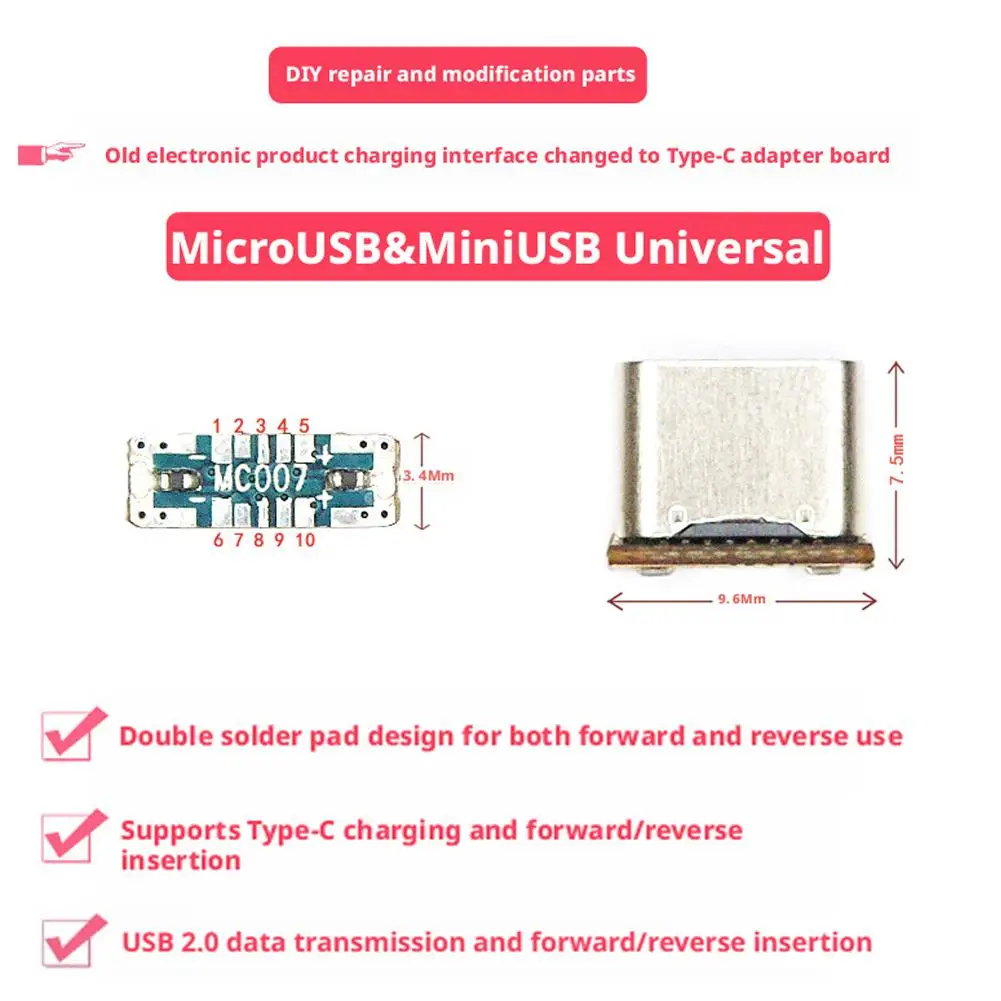 Micro USB To Type-C Adapter Board MC007 Type-C Female Connector Reversible Connection Support For DIY Repair And Modification