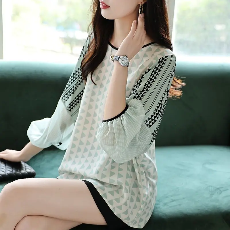 Fashion Loose Printed Chiffon Lantern Sleeve Blouse Women Clothing 2023 Spring New Casual Pullovers Korean Shirt