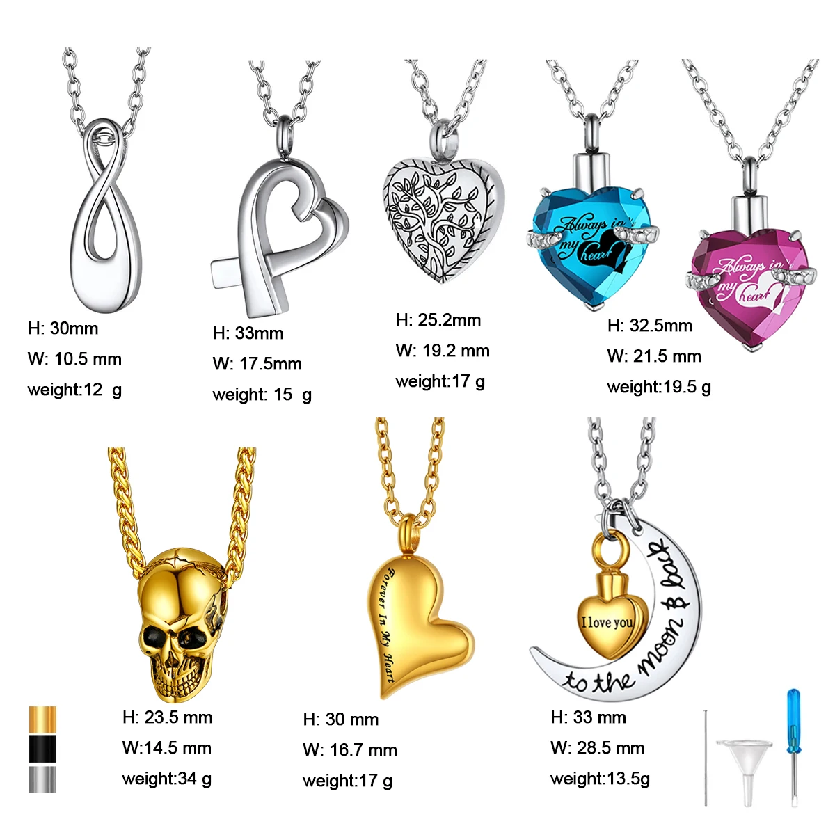 U7 Stainless Steel Urn Necklaces Cremation Jewelry for Ashes of Love Ones Essential Oil Hair Skull Heart Infinity Bottle Case