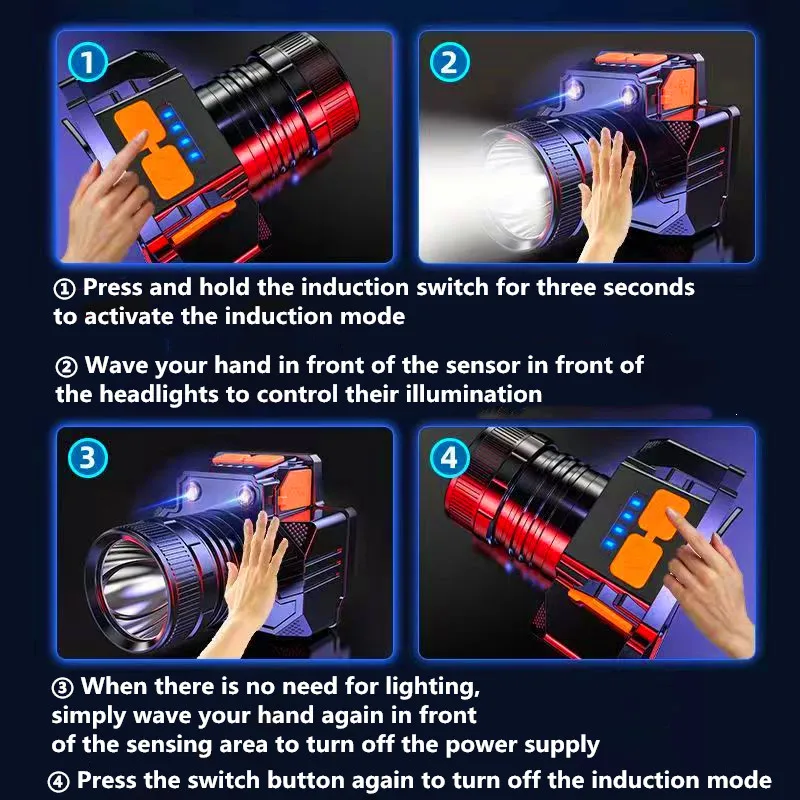كشافات LED قوية محس حركة المصباح 18650 قابلة للشحن COB رئيس مشاعل عالية الطاقة رئيس مصباح الصيد العلوي