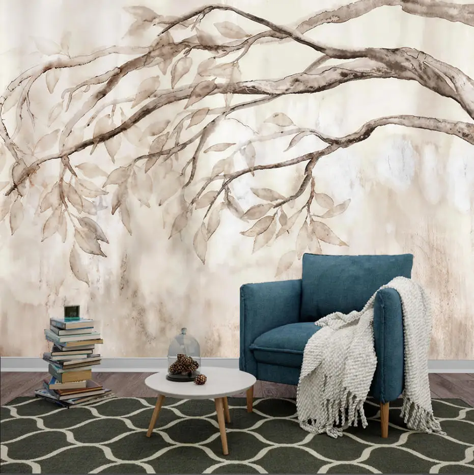 Customized Nordic style wallpaper living room background mural light beige tree branches and big trees scenery 3d wallpaper