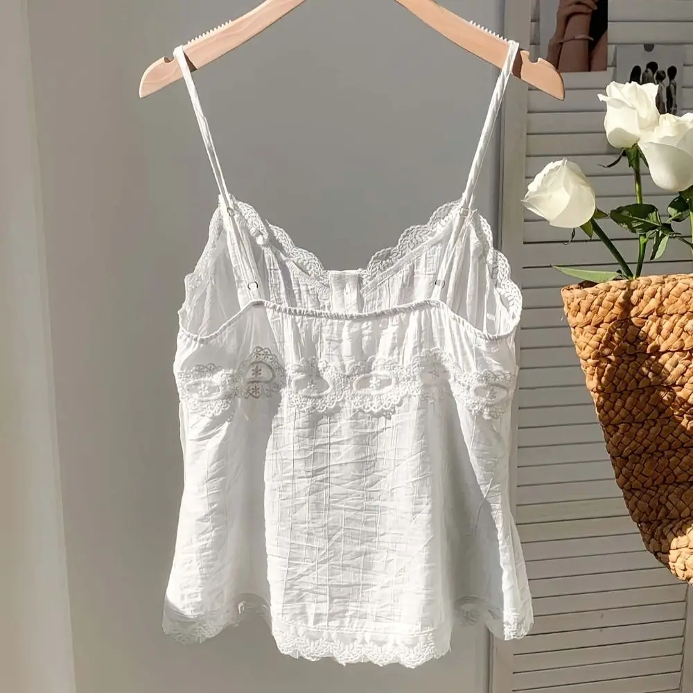 Casual Lace Trim Summer Lace Camisole Breathable Spaghetti Strap Women’s Tank Tops Sexy Adjustable White Crop Tops Summer
