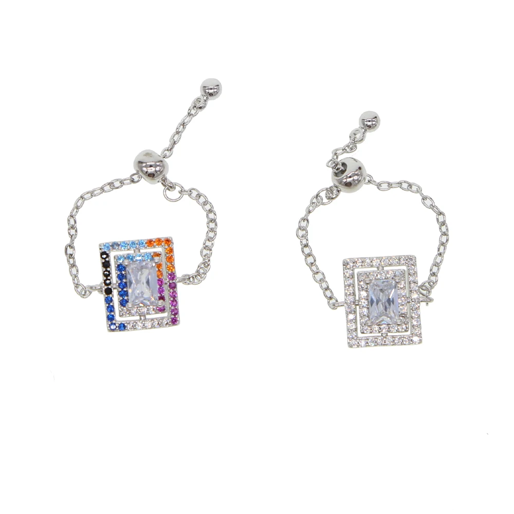 simple minimal fashion jewelry geometric cz tear drop square charm colorful cubic zirconia chain adjust ring