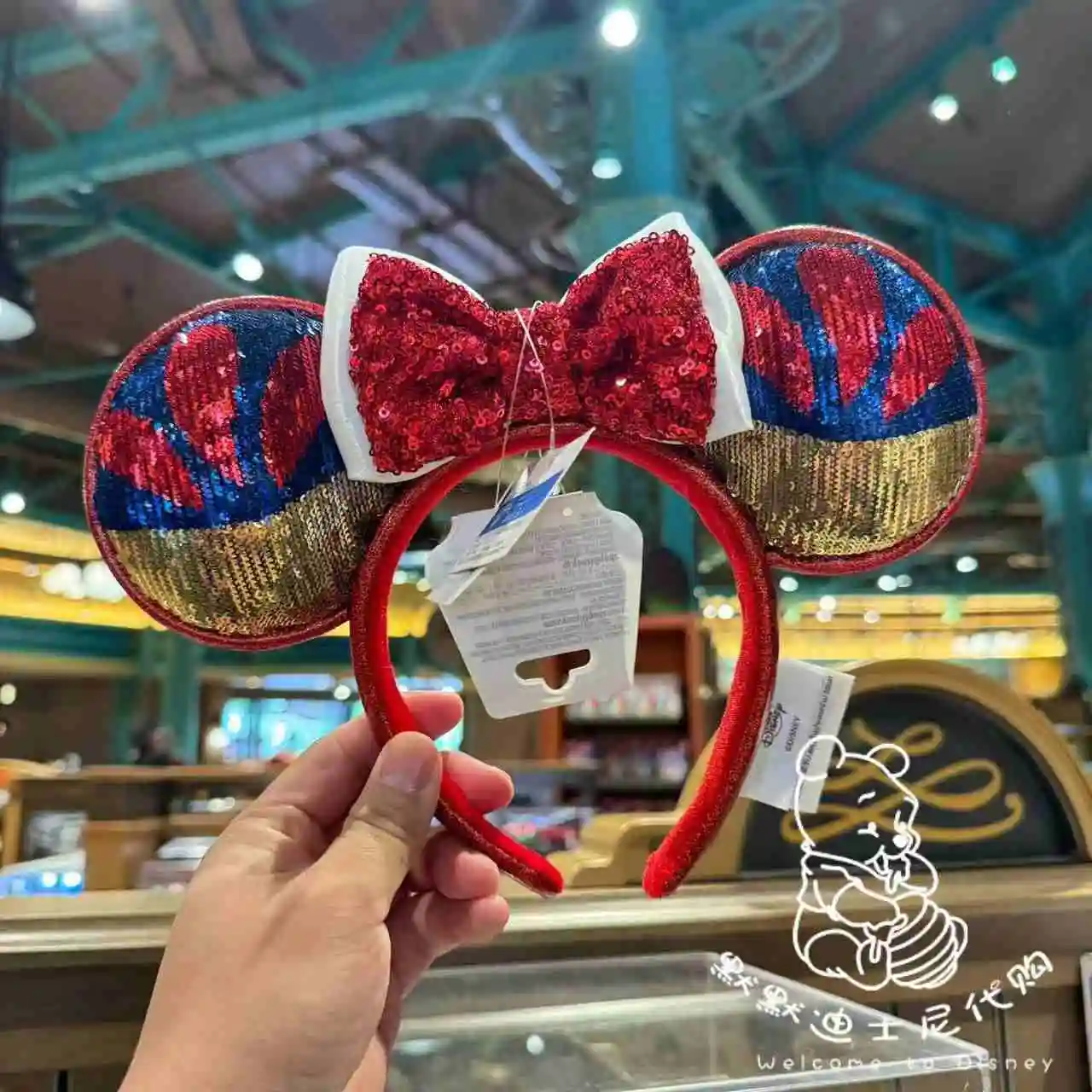 Original Disney Minnie Mouse Headband Cartoon Red Flower Bow Pu Leather Shanghai Disneyland For Adult Children Headwear Gifts