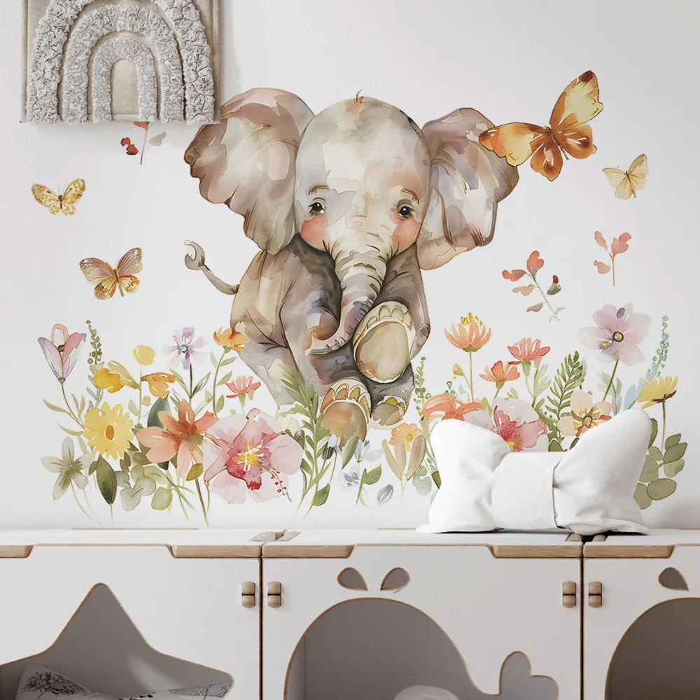 Watercolor Elephant Butterfly Flower Wall Sticker Kids Room Background Decoration Mural Bedroom Home Decor Removable Wallpaper