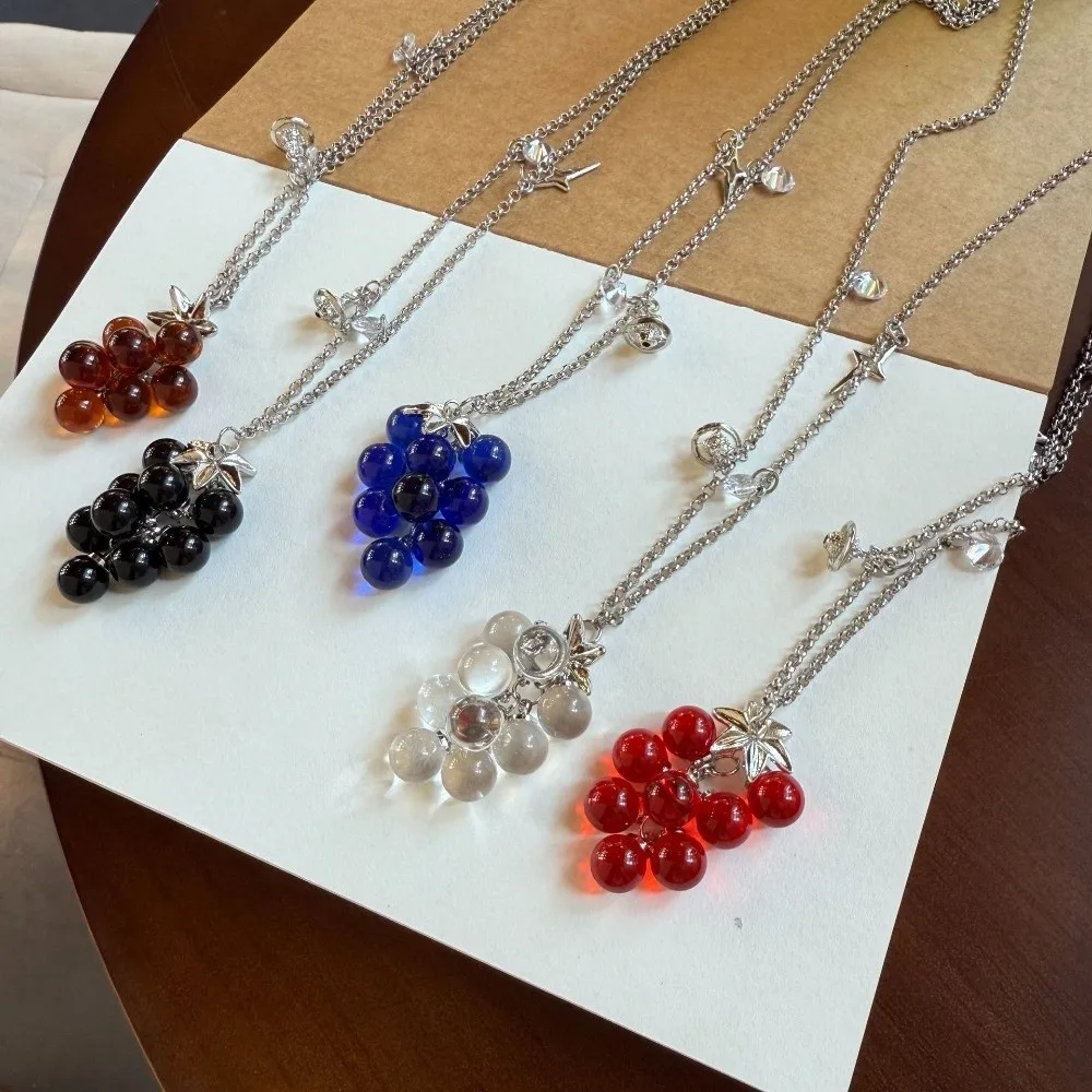 Unique Translucent Grape Cluster Necklace for Women Y2K Cool Toned Glass Bead Pendant Choker Trendy Aesthetic Accessories