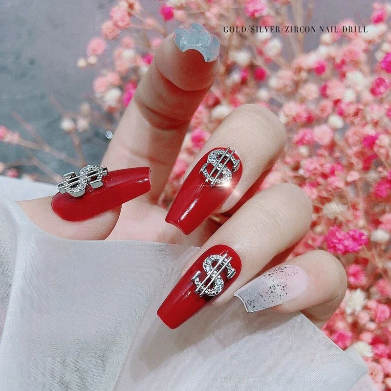 1Pc Plated Anti-fade Dollar Pattern Full Rhinestone Zircon Nail Charms New Year DIY Manicure Decor Accessories