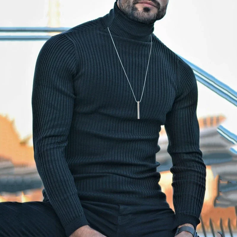 

Casual Long Sleeve Tees Man Vintage Spring Autumn Skinny Turtleneck Sweaters Men Clothing 2024 Striped Texture Knitted Pullover