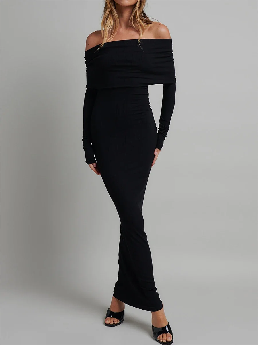 

New Womens Long Fitted Evening Dress Black Long Sleeve Off Shoulder Strapless Party Dress Club Street Style Skin Friendly