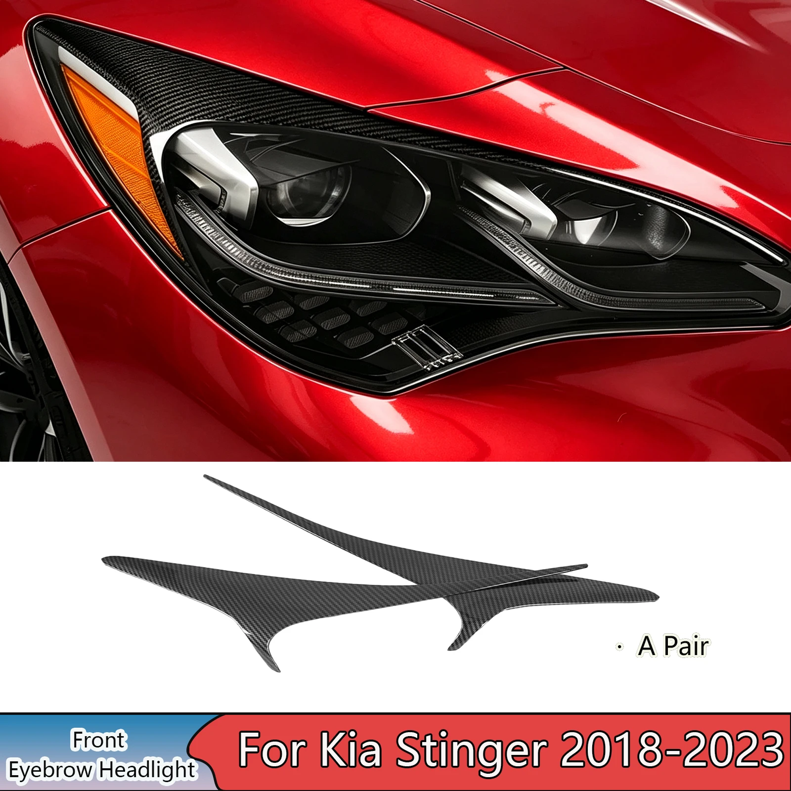 For Kia Stinger 2018-2023 A Pair Of Headlight Eyebrow Eyelid Trim Glossy Black Carbon Fiber Painted Car Accessories Body Kit
