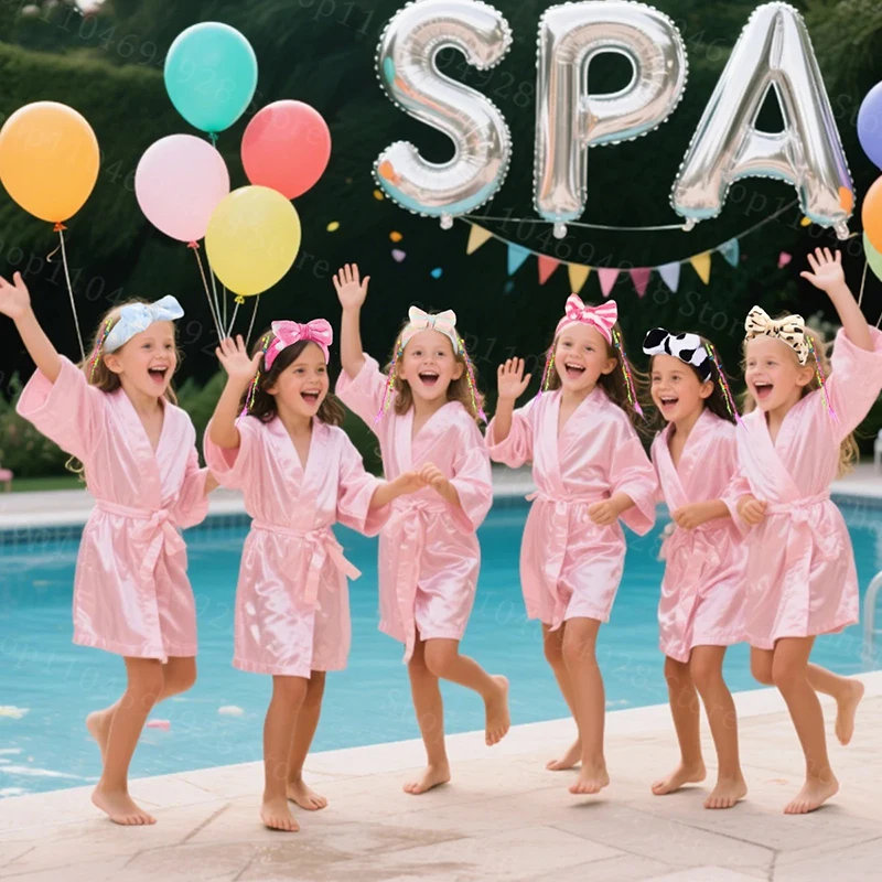 

6-15 Set Spa Robes for Girls Spa Party Birthday Squad Robe Kids Satin Bathrobe Princess Kimono Girl Sleepover Party Favors
