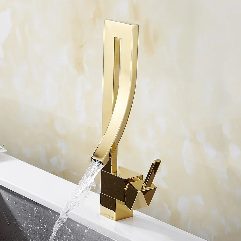 

Golden Luxury Bathroom Basin Faucet Deck-Mounted Cold and Hot Mixer with Black Nickel Chrome Finish Waterfall Spout and Brass