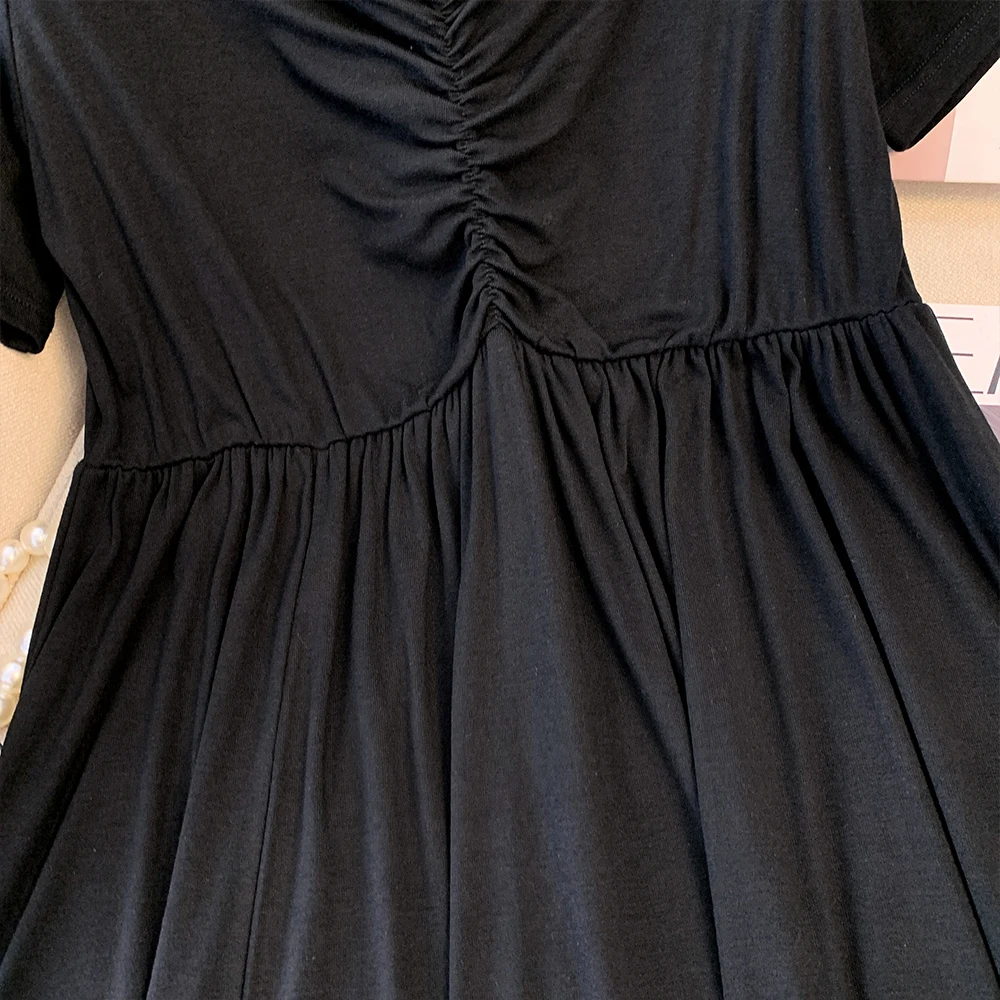 2024 summer new casual dress Black Modal fiber fabric loose comfortable V-neck mid-length dress slit hem party dress plus size