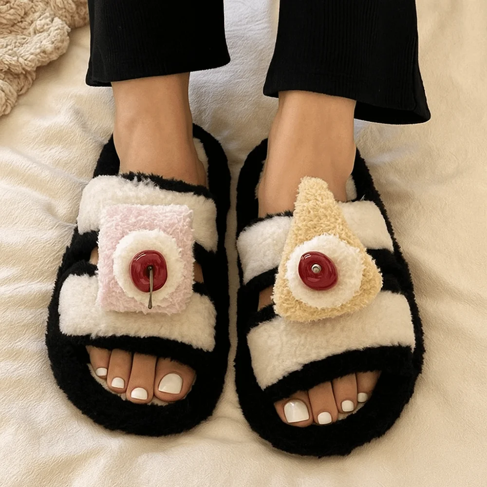 

3D Cute Cherry Cake Cake Winter Slippers Anti Slip Cartoon Warm Fur Slippers Ins Korean Fashion Furry Y2K Cat Slippers Women