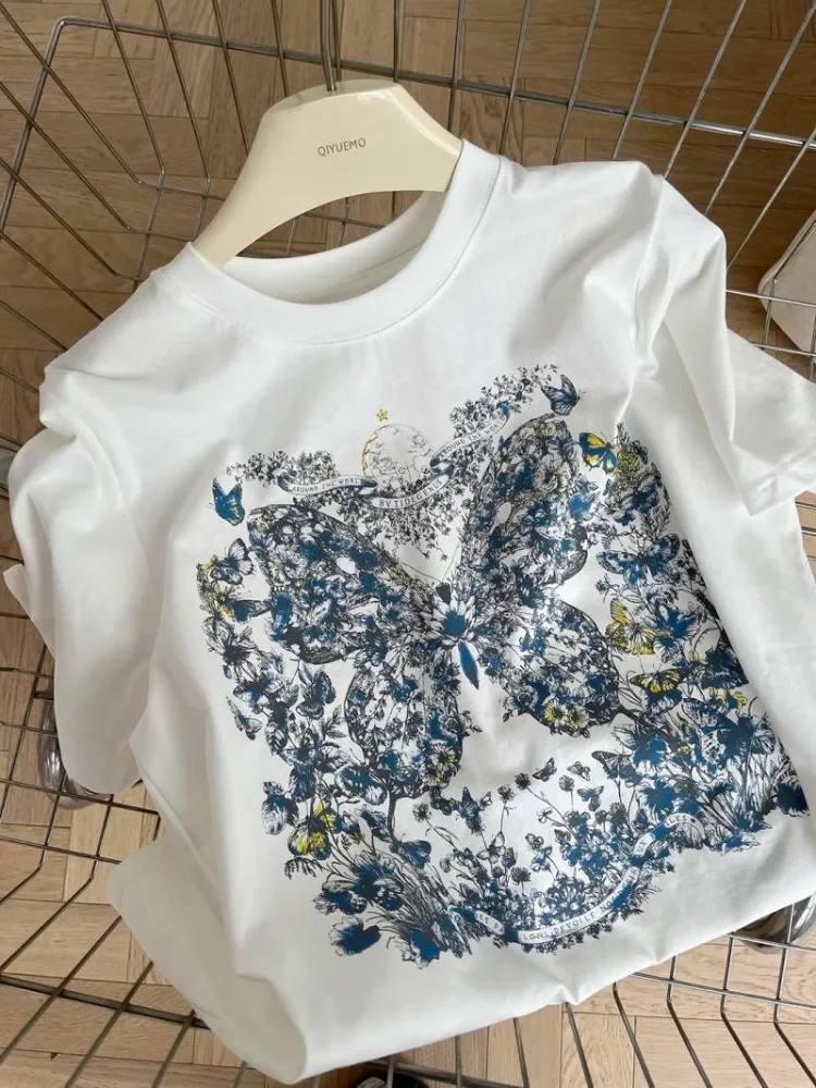 Korean Elegant Floral Butterfly Printing T-shirt Pure Cotton Summer Short Sleeve Tops Loose High Street Ladies Sweet Tees Basic