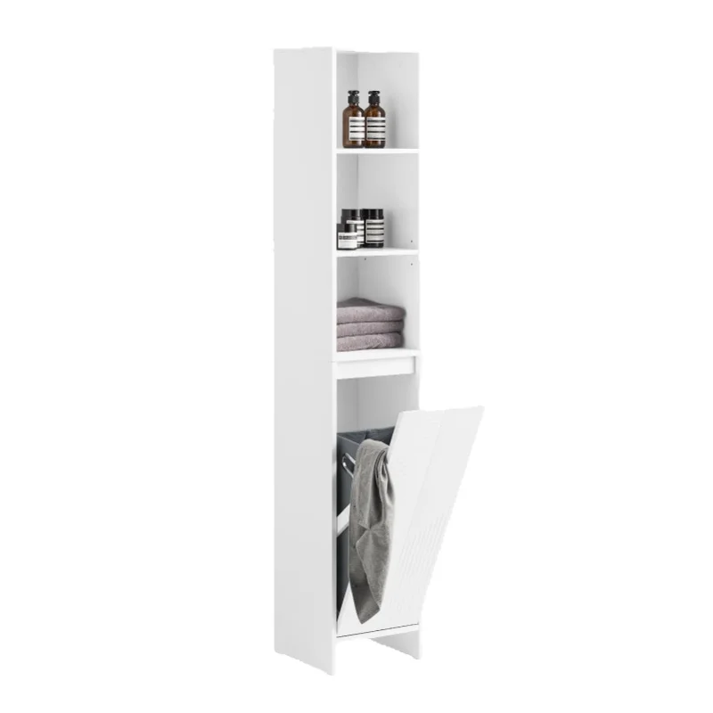 SoBuy BZR158-W Badezimmerschrank Hoch mit Wäschekorb & verstellbaren Regalböden aus MDF, Offene Ablagen für kleines 30x170x30cm