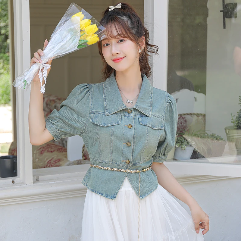 

2023 Summer Denim Shirts For Women Polo Neck Short Sleeve Slim Split Blouses Korean Single Single Breastred Shirt 9067