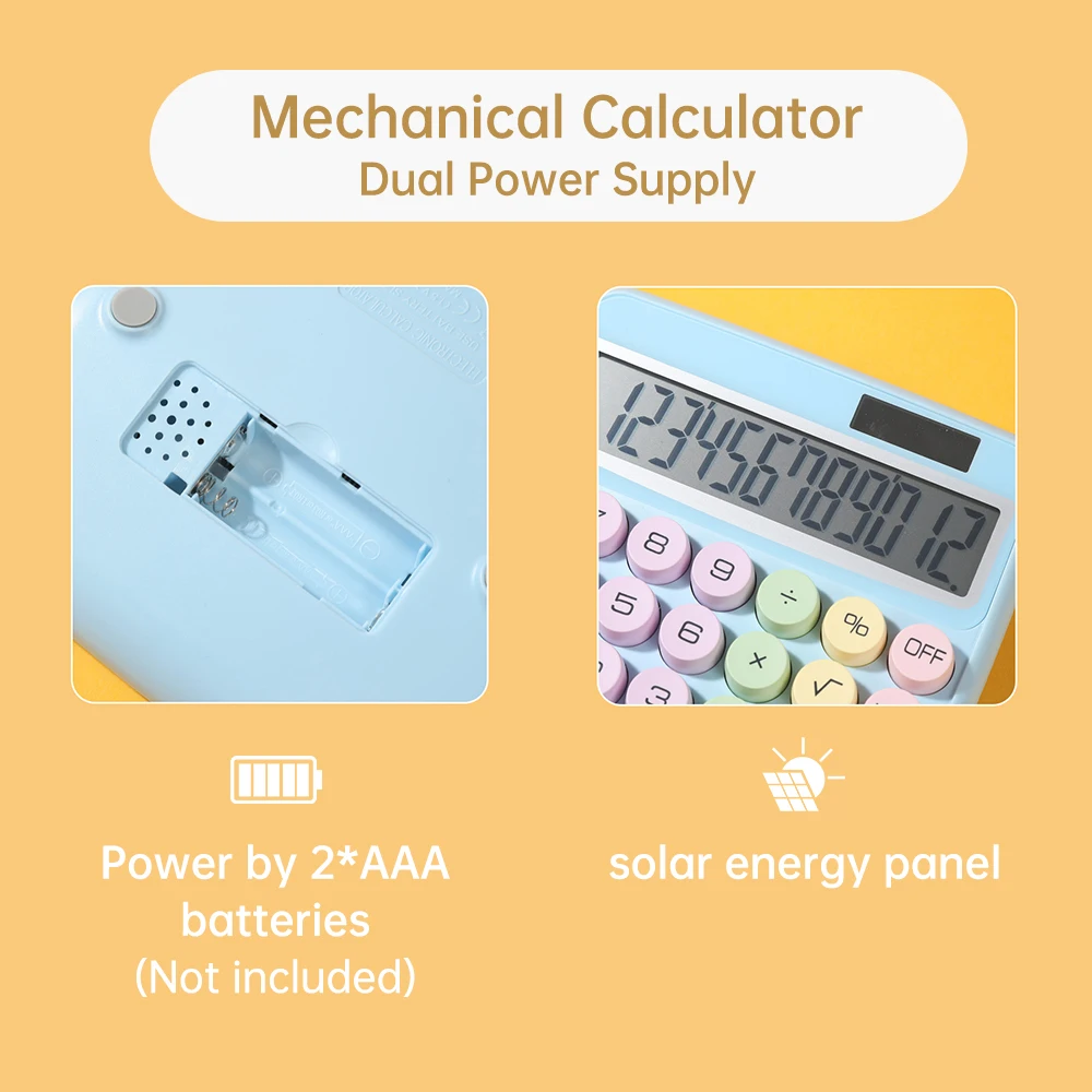 Mechanical Calculator 12 Digit Large LCD Display Big Round Button 15°Tilt Screen Cute Candy Colored Dual Power Supply