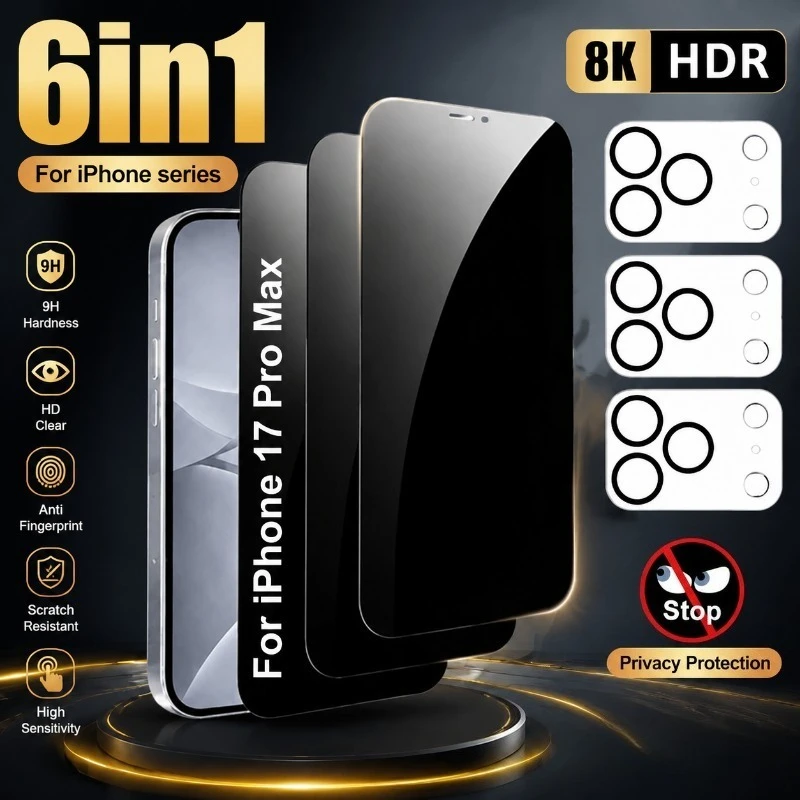 3pcs Privacy Tempered Glass Screen Protectors And 3pcs camera Lens Protectors for Iphone 11 12 13 14 15 16 17 18 Pro/Pro Max