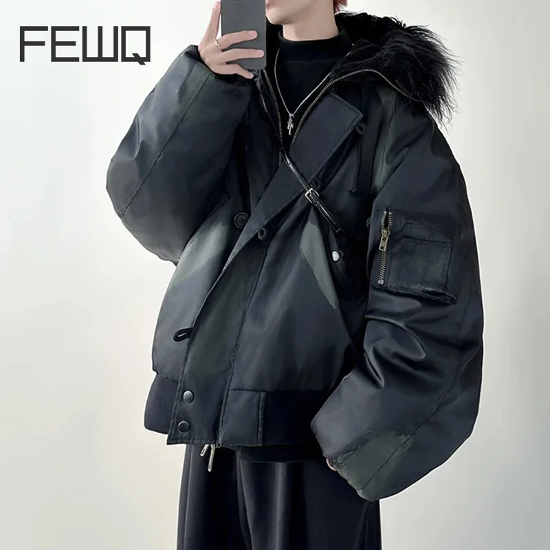 FEWQ Abgenutzte Pelzkragen Männer Gepolsterte Jacke Reißverschluss Patchwork Kordelzug Einfarbig Dicke Winter Trendy Männlichen Baumwolle Mantel 24E5541