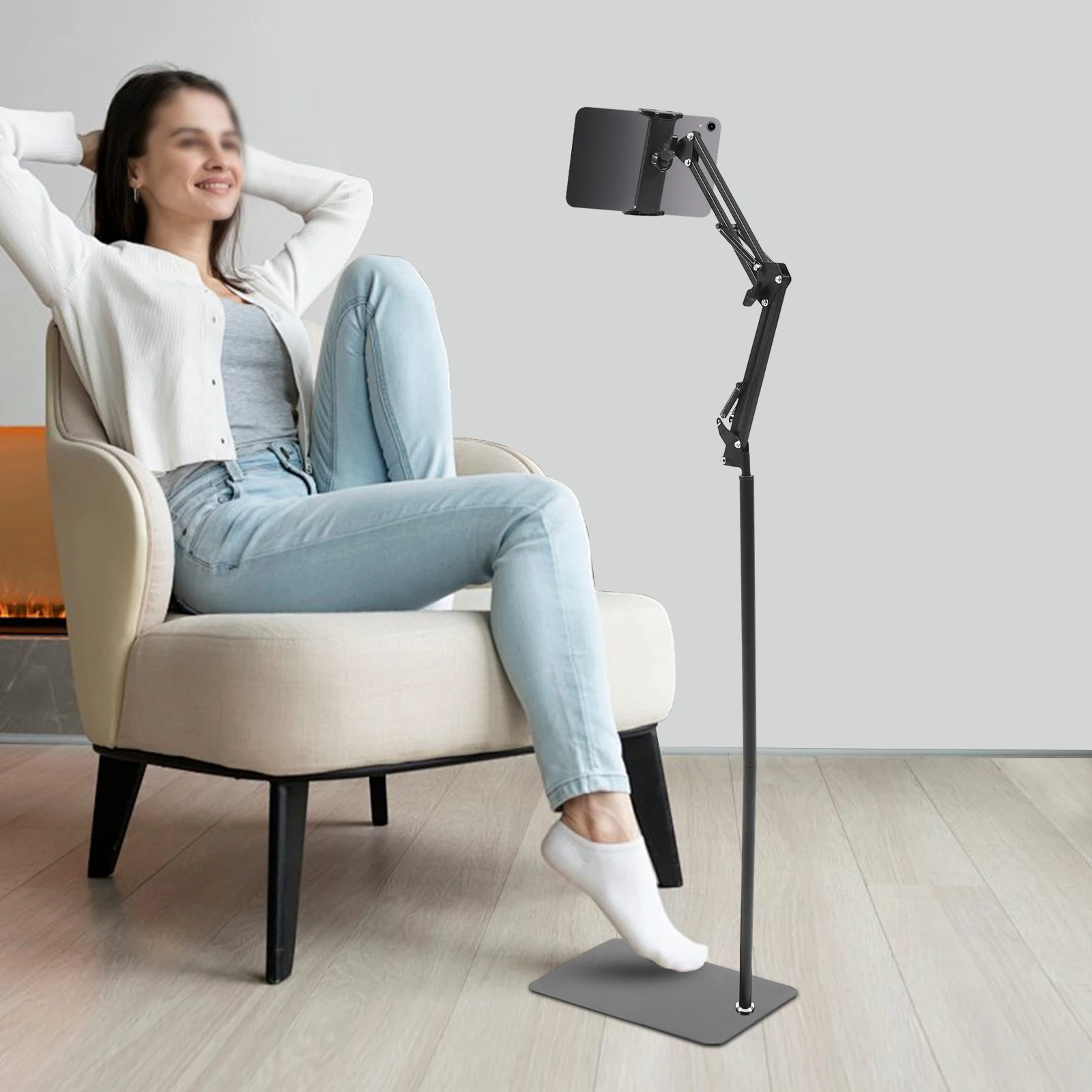

Adjustable Tablet Floor Stand 360° Swivel Height & Angle Adjustable Foldable Floor Holder Non-Slip Base for Home Office