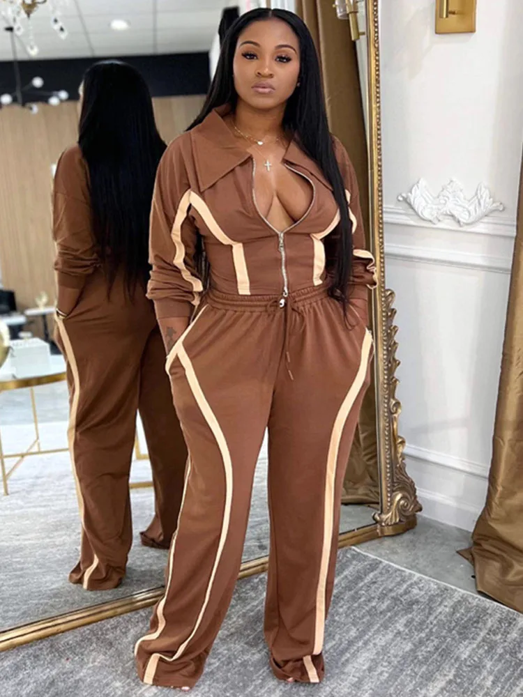 Doyerl مخطط عادية قطعتين مجموعة امرأة رياضية الركض البريدي سترة طويلة الأكمام و Sweatpants مطابقة مجموعات وتتسابق #1