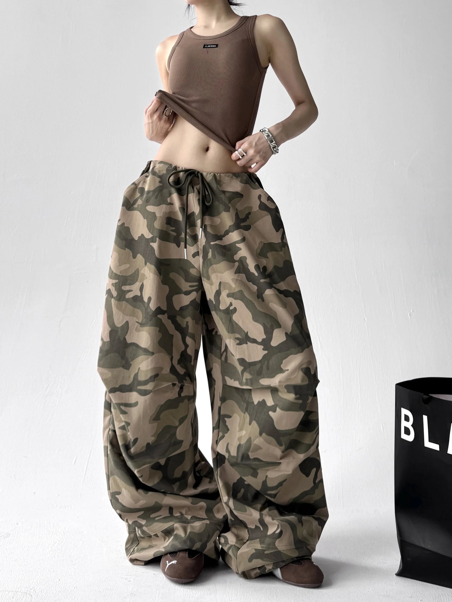 American Style High Waist Camouflage Work Pants Women's Summer New Loose Wide Leg Casual Floor-Length Trousers