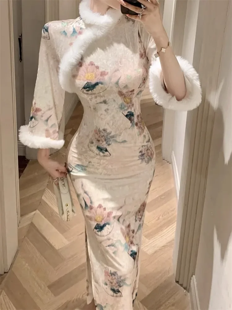 Topanoma Temperament Evening Dresses Women Vintage Floral Furry Patchwork Cocktail Wedding Party Performance Elegant Ladies