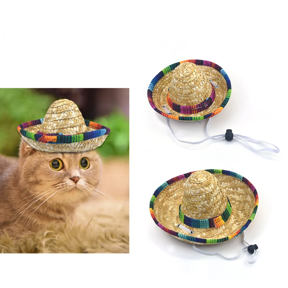 

Pet Woven Straw Sunshade Hat, Mexican Style Sombrero Caps, Summer Sun Shading, Mini Hat, Adjustable Headband for Halloween Photo