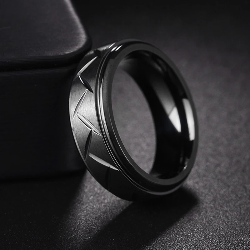 Fashion Men\'s Silver Color Black Stainless Steel Ring Groove Multi-Faceted Ring For Men Women Engagement Ring Anniversary Gifts