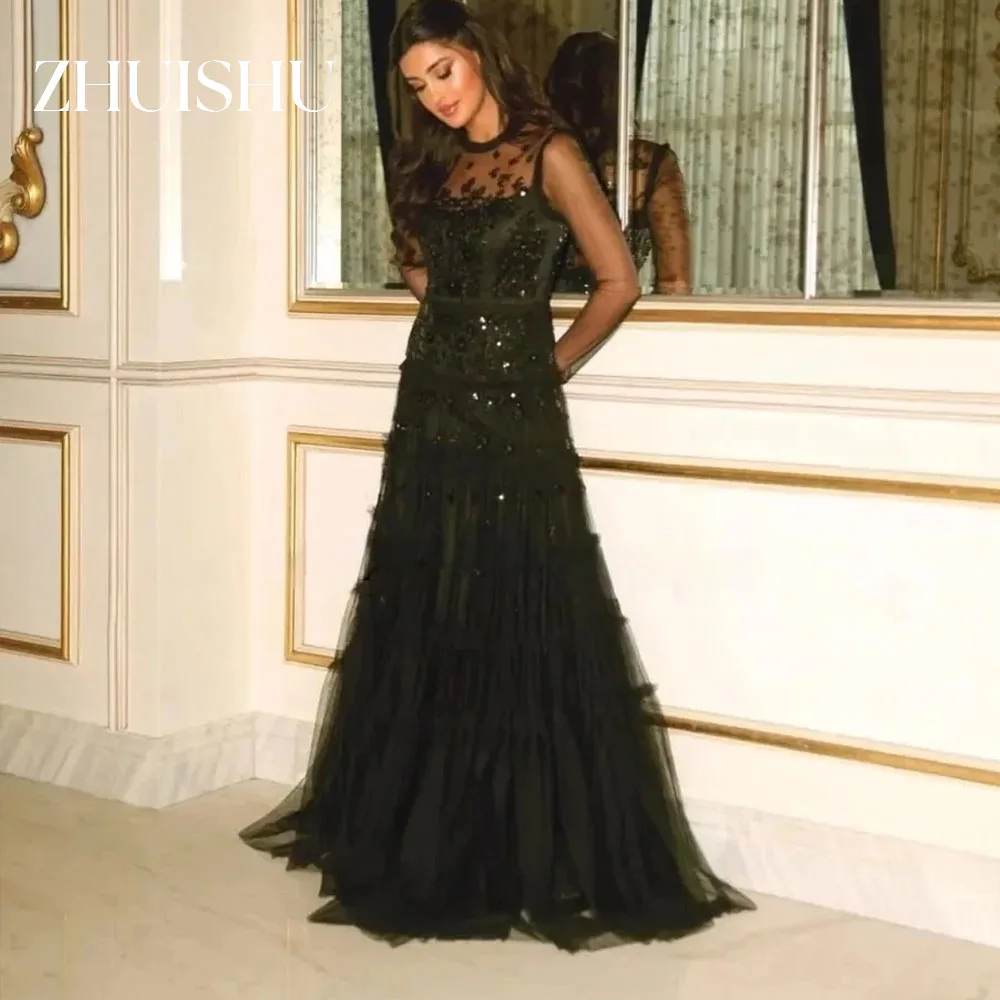 ZHUISHU Fashion Black O-Neck Evening Dresses A-Line Long Sleeves Applique Sequins Long Prom Party Dresses Customized